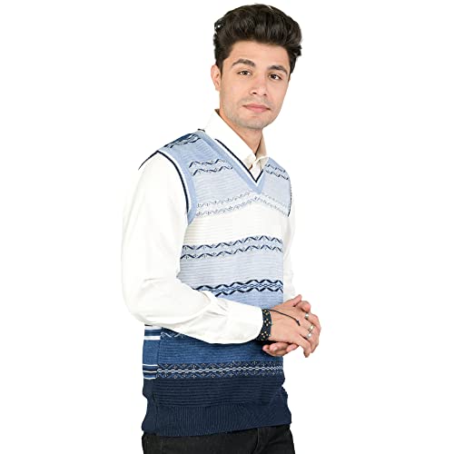 Image of Men Woolen V-Neck Printed Design Sleeveless Pullover Heavy Rainbow Fabric Winter Wear Pure Wool Cardigan Regular Coaty Fully Warm Heavy Pullover Cardigans Free Sizes