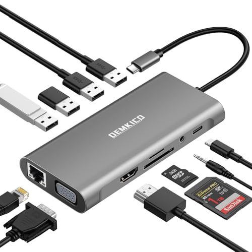 DEMKICO Hub USB-C 11-in-1 Multiporta con 4K HDMI, 1080P VGA, 100W PD, USB 3.0,...