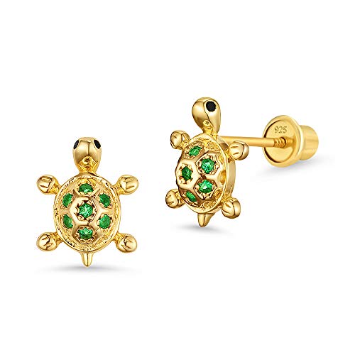 14k Gold Plated Brass Turtle Cubic Zirconia Screwback Baby Girls Earrings with Sterling Silver Post