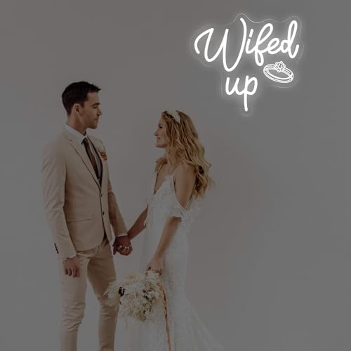 Image of Wifed Up Neon Sign, Funny Romantic LED Light with Engraving Ring for Valentine's Day, Wedding Decor Sign, Bedroom, Party Decor, Couple Space 11.8″ x 10.6″