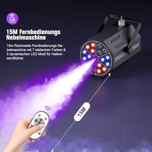 Nebelmaschine, 18 RGB LED mit Fernbedienung, leuchtstarken LEDs, Farbverlauf, Sprung, Puls, Stroboskop, für Partys, Weihnachten, Halloween, DJs, Bühnen und Outdoor