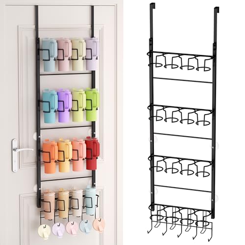 SWTYMIKI 4-Tier Water Bottle Organizer – Over the Door Stanley Cup Holder – Cup Rack with Hooks for Door or Wall Mount Option- Tumbler Organizer Storage Display for Kitchen Dorm Office RV, Black
