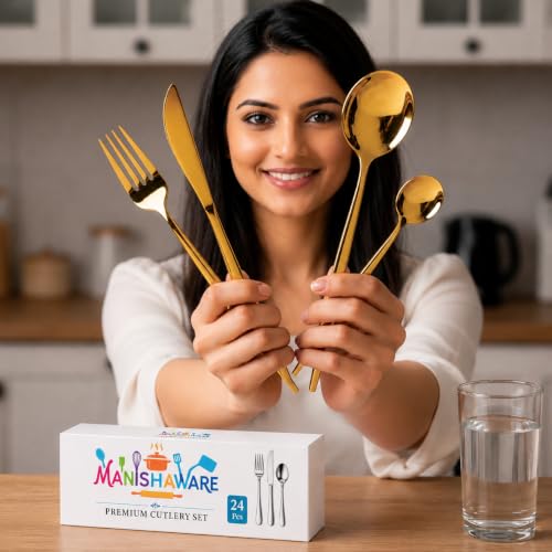 Image of Slim Handle Gold 24 Pcs Heavy Duty Stainless Steel Cutlery Set for Dining Table (6 pcs Spoon Set + 6 pcs Forks Set + 6 pcs Butter Knife + 6 pcs Dessert Spoon for Kitchen)