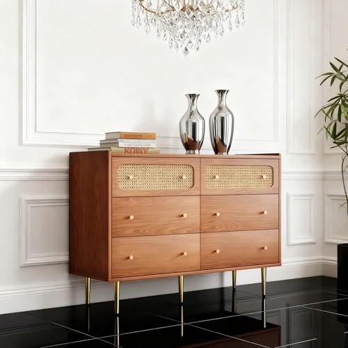 Kommode mit 6 Schubladen und Rattan-Dekor, 90x120x40 cm Sideboard in...