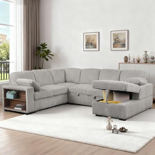 Image of ERYE 117-Inch Oversized U-Shaped Pull Out Sleeper Couch Bed, Modern U Shaped Sleeper Sectional Sofa Corner Convertible Sofa Bed with Storage Chaise and Cabinet for Living Room