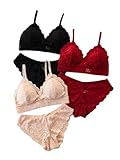 SOLY HUX Women's Lace Mesh Lingerie Set 6 Piece Push Up Bra Bralettes and Panties Set Black Red Beige Large
