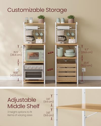 Image of VASAGLE BARNET Collection - Kitchen Bakers Rack with Power Outlet, 17.7-Inch Wide Coffee Bar 4-Tier with 8 S Hooks, Modern Microwave Stand, Adjustable Shelf, Golden Oak and Cloud White UKKS013YA01