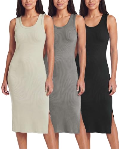 Image of Real Essentials 3 Pack: Women's Ribbed Knit Sleeveless Crew Neck Tank Casual Midi Shift Dress with Slit