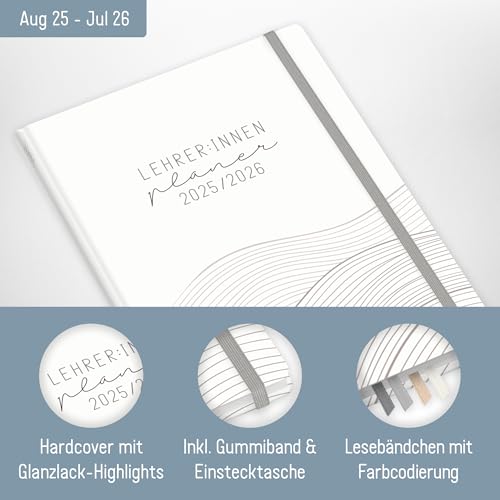 Häfft® Lehrer-Planer 2025/2026 A4 + Waves of Time Hardcover Lehrerkalender mit Wochenkalendarium, 226 Seiten, Stickern und mehr - nachhaltig & klimafreundlich