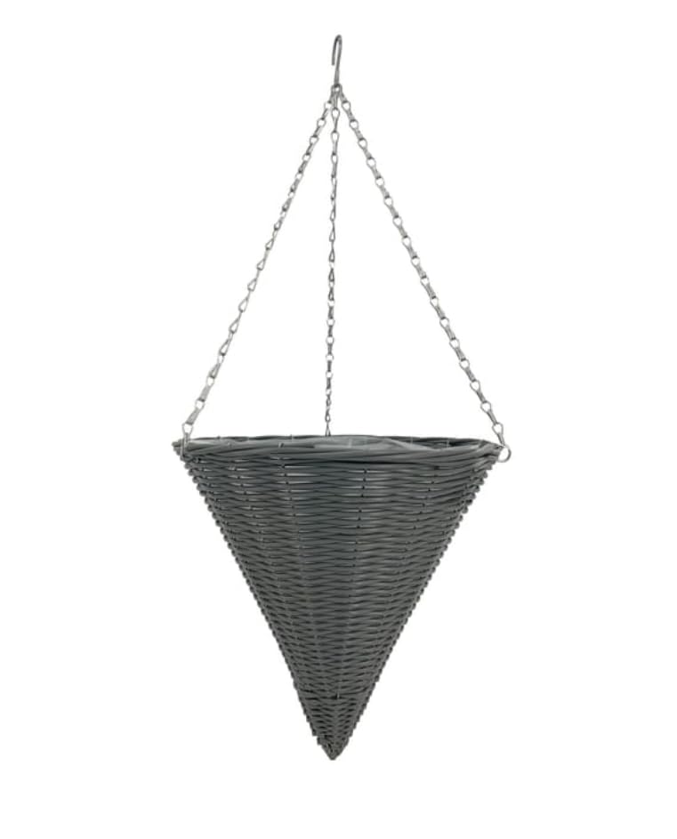 MD MUZ 2 x Rattan Cone Hanging Basket, Grey Woven Planter with Metal Chain, Decorative Garden Basket