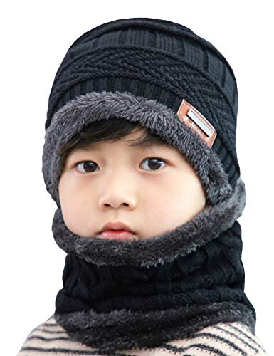 Jueshanzj Winter Knitted Hat and Circle Scarf Set One Size Black(Kids)