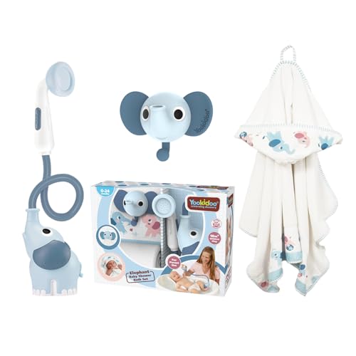 Image of Yookidoo Baby Bath Elephant Shower Head Gift Set - Includes Hooded Towel & Hanger - Control Water from 2 Elephant Trunk Knobs for Max Fun in Tub or Sink Newborns, Toddlers, Boys, Girls (Cloudy Blue)