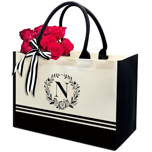 Image of Personalized Initial Canvas Tote Bags, Monogrammed Tote Bag Gifts for Women Teacher Friend for Birthday Wedding