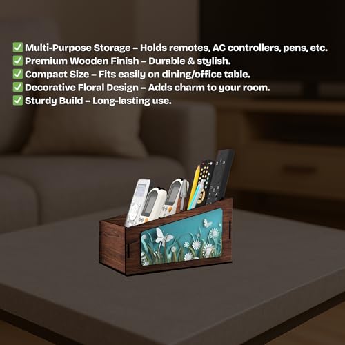 Image of Multipurpose Wooden Remote Stand Organizer with 3 Compartments, Premium Engineered Wood Desk Organizer for TV /AC Remotes, Stationery, Charger, Home & Office Use (Dark Walnut)