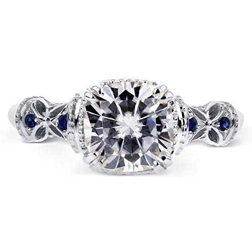 Kobelli Antique Style Cushion-cut Moissanite (GH) Engagement Ring with Blue Sapphire 1-3/4ct TGW 14k White Gold2