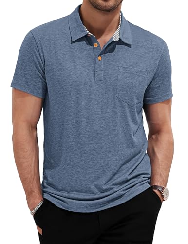 TARAINYA Polo Hombre Algodón Manga Corta Poloshirt con Bolsillo Verano para Oficina Ocio y Golf Gris Azulado L