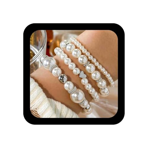 Vintage Layered Pearl Bracelet Gold Pearl Chain Bracelet Pearls Bangle Bracelets Elastic Heart Bracelets Pearls Hand Chain Jewelry for Women