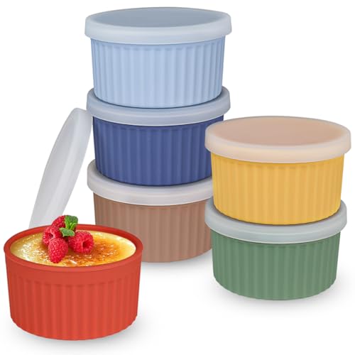 Koluti Lot de 6 ramequins antiadhésifs en silicone de 236,8 g - Passe au four à soufflé - Passe au four à soufflé - Avec couvercles - Pour pudding, dessert, crème glacée, collation - Sans BPA - Passe