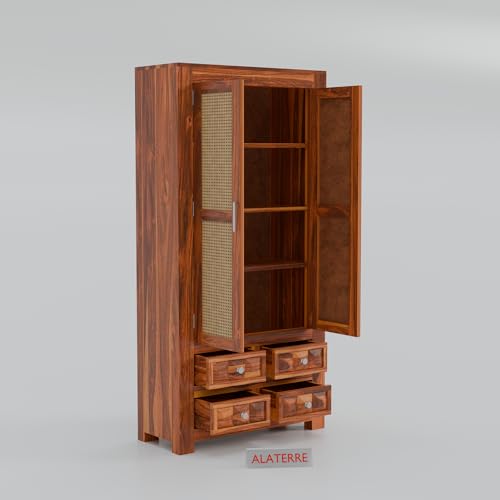 Image of Solid Sheesham Wood 2 Door Wardrobe with Cane Panels & 4 Drawers | Wooden Storage Cabinet with Shelves | Modern Bedroom Cupboard for Clothes & Storage (Honey Finish)