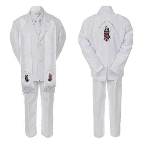 Image of Baby Boy Teen Baptism Formal White Suit Silver Guadalupe on Stole & Back SM-20