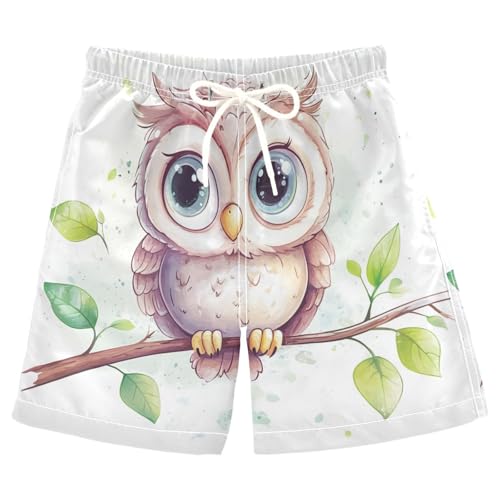DOMIKING Owl Branch White Boys' Pull On Swim Trunks Quick Dry Boardshorts with Mesh Lining for Boys Kids M