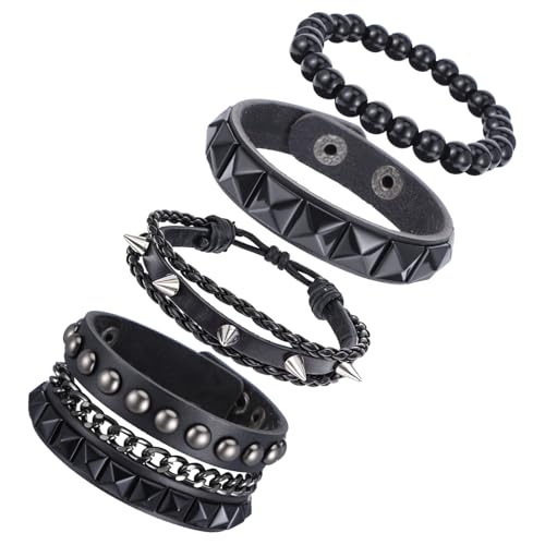 Punk Studded Bracelet 4 Pcs Black Leather Spiked Bracelet Cuff Punk Rock Rivet Cuff Emo Bracelets Wrap Bangle Snap Button Metal Wristband for Men Women (Gothic Style)