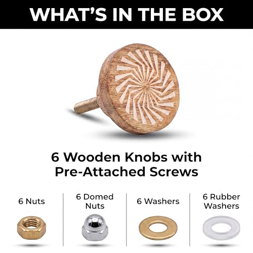 Image of Indianshelf 6 Pieces Wood Brown Floral Boho Cabinet Knob Set Handmade Unique Round Drawer Pulls Handles Wardrobe Kitchen Furniture Decorative Wooden Dresser Knobs for Kids Room