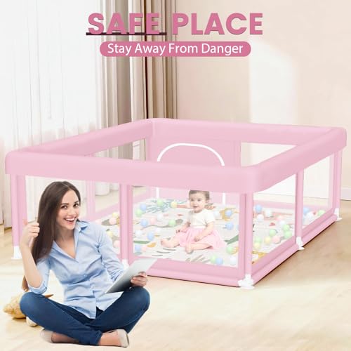 Image of Large Baby Playpen with Mat 50 inchx50 inch Baby Girl Play Pen for Babies and Toddlers, Safe Structure and Soft, Skin-Friendly Fabric with Zipper Gates Pink