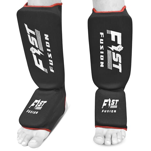 FIST Fusion Muay Thai Shin Guards with in Step, Kickboxing MMA Boxing Training Sparring Shin Step Guards Cotton Cloth Elasticated Leg Guards Pair