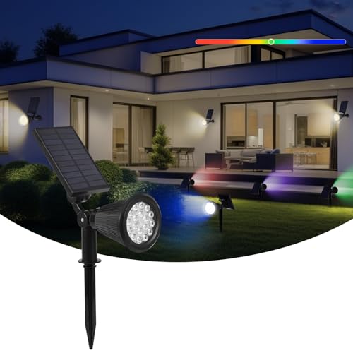 DEXULESA Solar Spot Lights Outdoor, 2-in-1 Wall Mount & Ground Stake 18 LEDs with 2 Lighting Modes, 7 Colors Changing, IP65 Waterproof Solar Landscape Lights for Garden, Pathway, Yard, Patio (1 Pack)