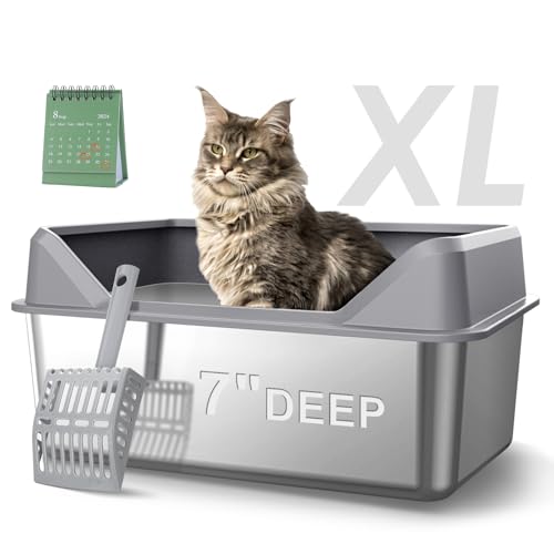 Stainless Steel Cat Litter Box, Extra Large XL Cat Litter Box with Lid, Enclosed Metal Cat Litter Box for Big Cats with Scoop, Prevent Leaks, Non-Sticky, Anti-Leakage, Easy Clean