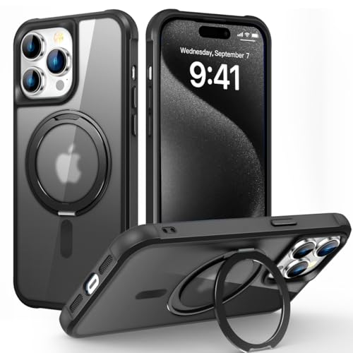 TOKVANZ Designed for iPhone 15 Pro Max Case with 360 Rotatable Magnetic Ring Stand [Compatible Mag-Safe] [Military Grade Protection] Translucent Matte Phone Cases for Women Men 6.7 Black