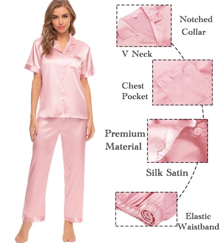 Image of SWOMOG Womens Silk Satin Pajamas Sets 4pcs Sleepwear Sexy Cami Shorts Set and Button Down Short Sleeve Pjs Loungewear