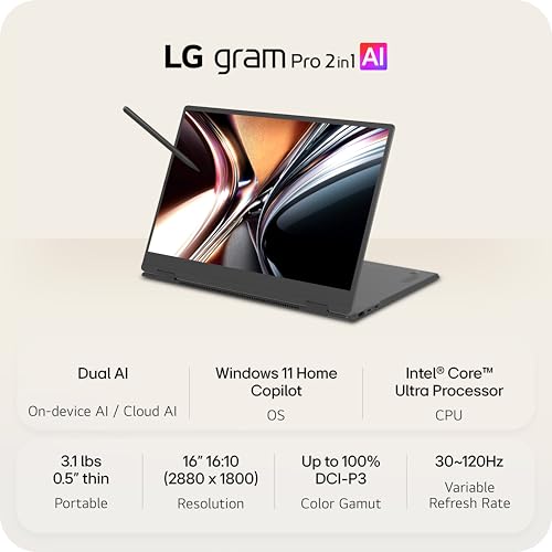 Image of LG gram Pro 2in1 16-inch Thin and Lightweight Dual AI OLED Touchscreen Laptop Computer, Windows 11 Home, Copilot+ PC, Intel Core Ultra 7 255H, 16GB RAM, 1TB SSD, Obsidian Black