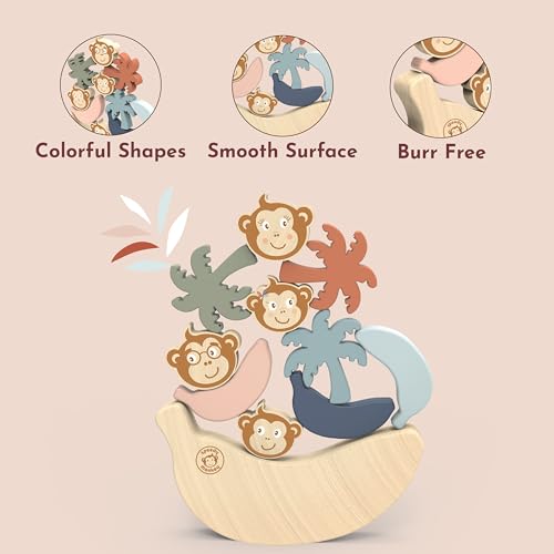 Image of Speedy Monkey See Saw Game, Wooden Stacking Blocks, Balance Beam with Bananas, Palm Trees & Monkeys, Enhances Color Knowledge, Logic & Fine Motor Skills, Non-Toxic Paint For Kids | monkeys, bananas, palm trees, see saw game, sorting & stacking toys, montessori toys, preschool toys, logic color recognition