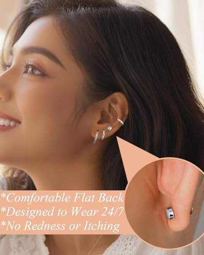 Surgical Steel Stud Earrings for Women, Hypoallergenic Flat Back Earrings for Sensitive Ears, Small Cartilage Huggie Hoop Earrings Ball CZ Opal Screw Back Stud Earrings for Women Men2