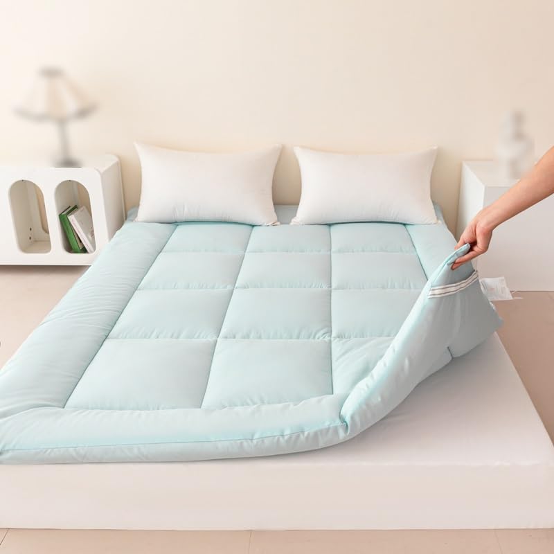 Japoński materac podłogowy futon o grubości 8 cm zwijany nakładka na łóżko, składany, do pokoju gościnnego, sypialni, kampera, czarny (niebieski, pełny 120 x 203 cm)