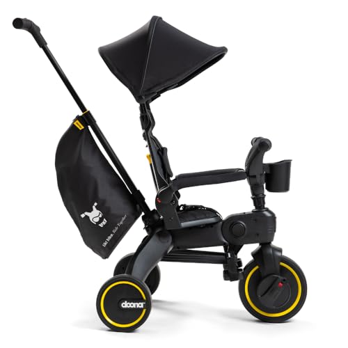 Image of Doona Liki Trike S5 - Premium Foldable Trike for Toddlers, Kids /Baby Tricycle Stroller with Cushion Seat, UPF 50+ Sun Protection & Harness, Parental Control, Ages 10 Months to 3 Years, Midnight,Black