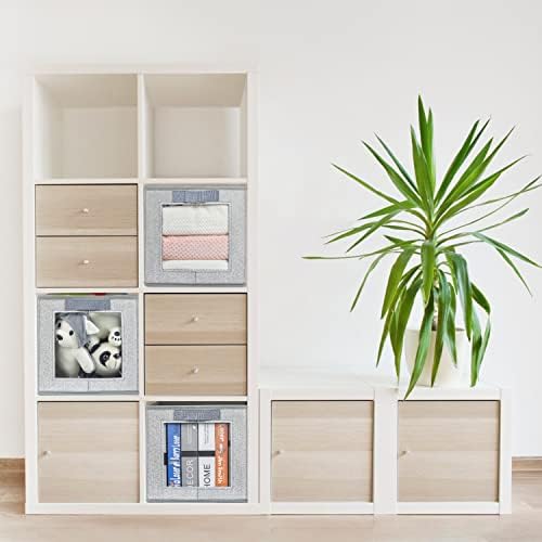 DIMJ Foldable Storage Boxes with Transparent Window Fabric Collapsible Storage Bin Basket with Handle for Wardrobe, Closet, Shelves Organiser (34*23*23 cm, Foggy Grey)