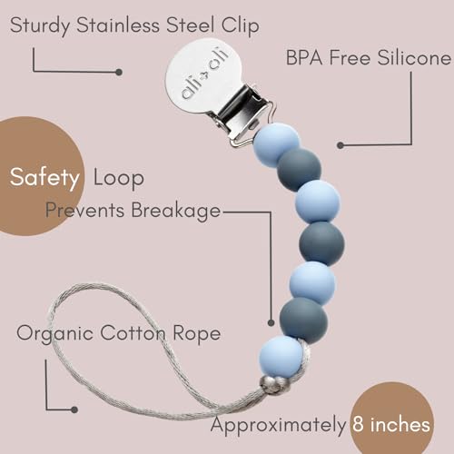 Image of Ali+Oli Silicone Pacifier Clip for Baby (Thin Iron) 100% Food-Grade BPA Free Newborn Pacifier Holder Infant Binky Clip for Baby Boy or Girl | Food-grade material, Keeps soothers within reach, Secure attachment, Lightweight, Everyday use, Easy cleaning