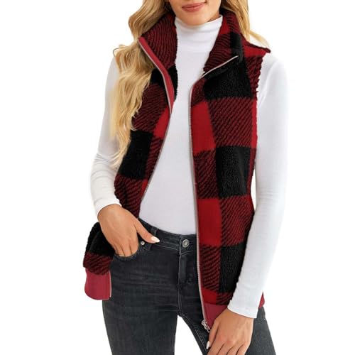 Womens Fashion Plaid Fleece Vest Casual Fuzzy Sleeveless Fuzzy Sherpa Vest Fluffy Zipper Jacket Warm Outerwear3
