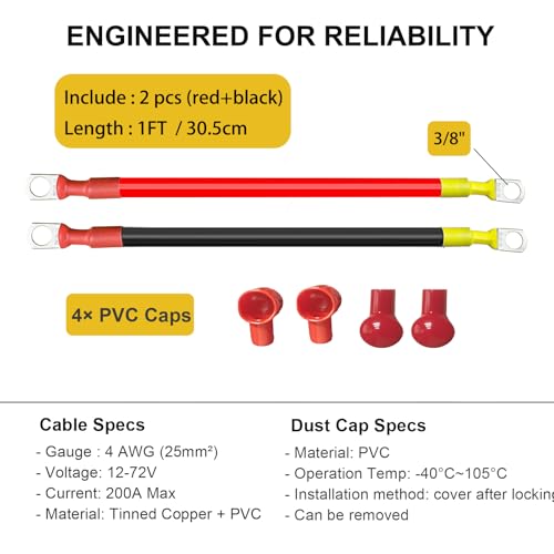 Image of 4 AWG Battery Cable, 1FT 4 Gauge Pure Copper Battery Inverter Cables with 3 /8 in Lugs Both Ends Power Inverter Wire Set for Automotive Solar Marine Boat RV Car Motorcycle Red and Black (1FT 2PCS)