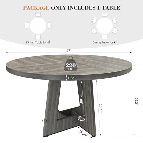 YOUDENOVA Round Dining Table for 4, 47 Inches Dining Room Table with Wooden Pedestal Base, Farmhouse Kitchen Dinner Tables for Dining Room Kitchen Living Room, Grey