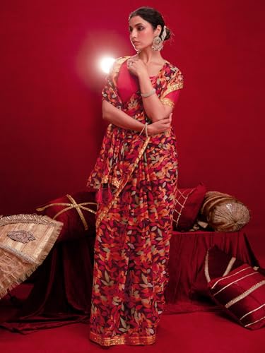 Image of SIRIL Women's Chiffon Printed Saree With Unstitched Blouse Piece