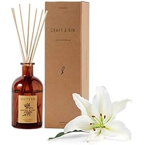 8 Rattan Scented Reed Diffuser Sticks ‘Jasmine & Lily Scent’ Set, All-Natural Essential Oil & Elegant Amber Glass Vase (5.75oz), Provides Constant Fragrance