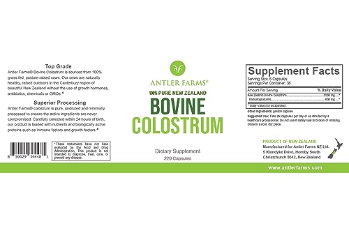 Antler Farms 100% Pure New Zealand Bovine Colostrum, 220 Capsules, 500mg - Grass Fed, Pasture Raised, Clean Sourced, Cold Processed, Undiluted, High IgG Content