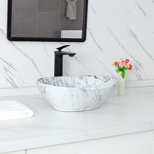 Davivy 16.3"x13.2" Nordic Marbling Oval Vessel Sink with Pop Up Drain,Ceramic White Bathroom Sinks Above Counter,Small Egg Shape Vessel Sink,Oval Sink Bowls for Bathroom