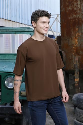 Image of Zilcon Mens Solid Unique Design Tshirt for Men - Round Neck Loose Fit Drop Shoulder Polo Mens T-Shirt