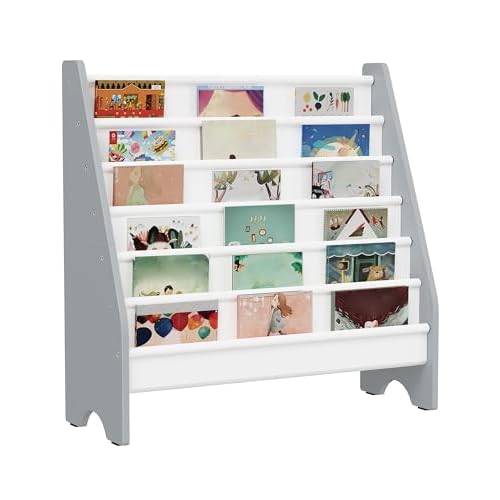 6-Tier Kids Bookshelf, Kids Sling Bookcase, Magazine and Book Storage Rack, Large Capacity Book Organizer, Book Shelf for Kids Room, Bedroom, Nursery, Playroom, White and Gray MCW07WG