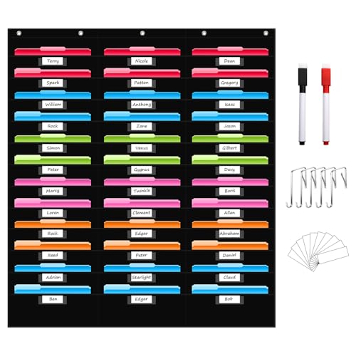 Image of REGELETO 36 Pockets File Storage Pocket Chart with 36 Nametag Pockets, Hanging Wall File Organizer for Classroom and Office, Organize Your Assignments, Files, Scrapbooks, Paper (Black-36 Pockets)